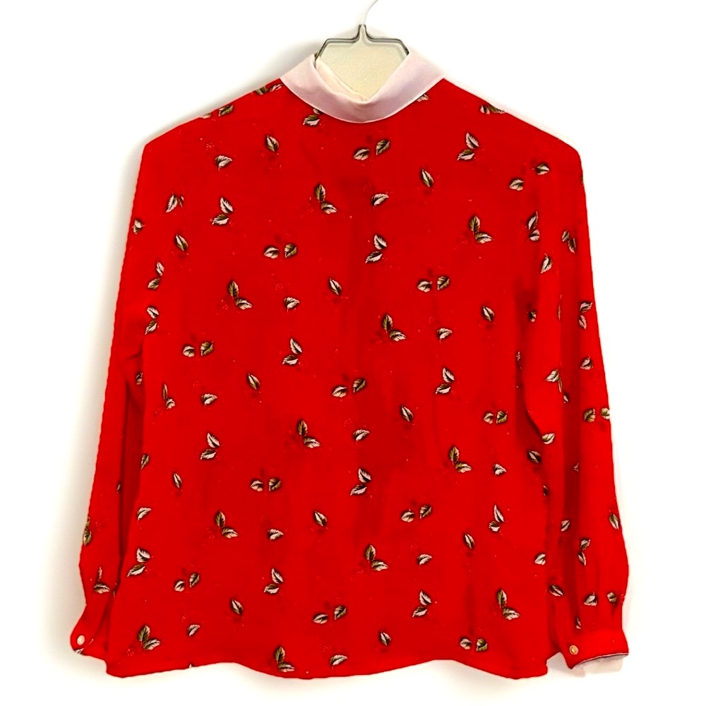 Vintage 80s/90s Women's Retro Red Top Blouse Long Sleeve Collar Button Unique - Picture 2 of 9